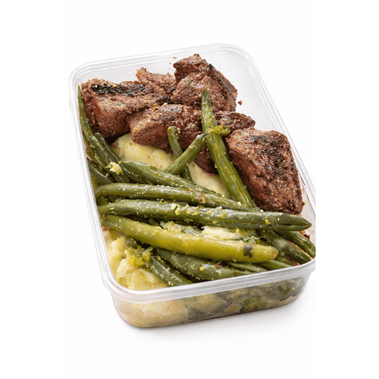 Garlic Butter Steak Bites With Creamy Mash and Green Beans from Tub Grub