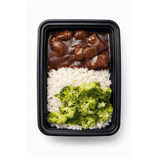 Maple Syrup Gravy Steak with Rice and Broccoli