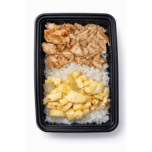 Maple Smoked Hickory Chicken with Rice, Halloumi and Onions in Sweet Chilli Sauce from Tub Grub 