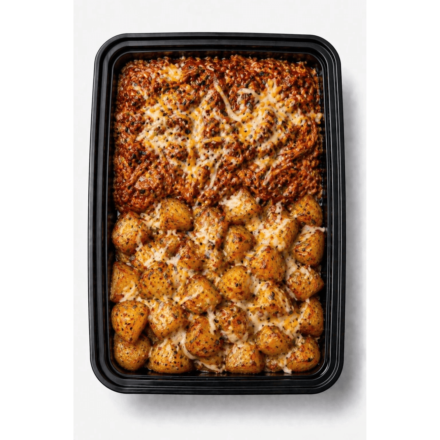 BBQ Pulled Pork With Roast Potatoes and Four Cheese Mix from tub grub 
